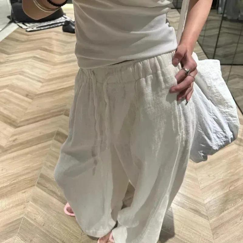 Bonnyshow White Basic Linen Women Pants Elastic Waist Harajuku Korean Fashion Baggy Trousers Female Thin Oversized Casual Summer