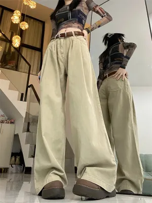 Bonnyshow Y2K Vintage Khaki Baggy Jeans Women Korean Style Basic Denim Pants Female Oversized Harajuku Retro Wide Leg Trousers