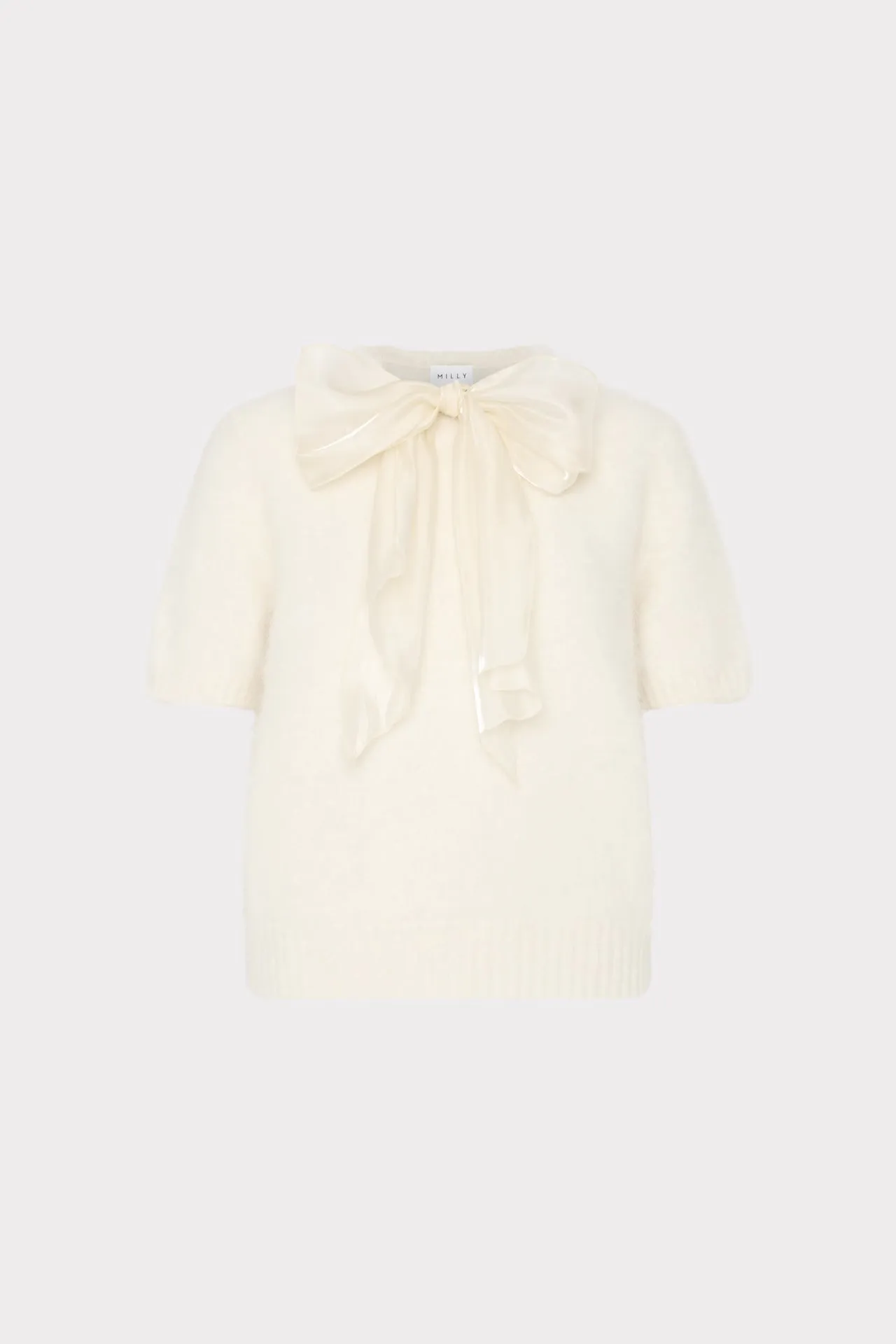 Bow Short Sleeve Sweater Double Needle Hemming