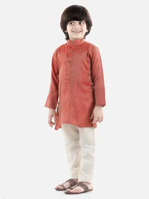 BownBee Silk Blend Full Sleeve Jacquard Kurta Pajama For Boys - Red