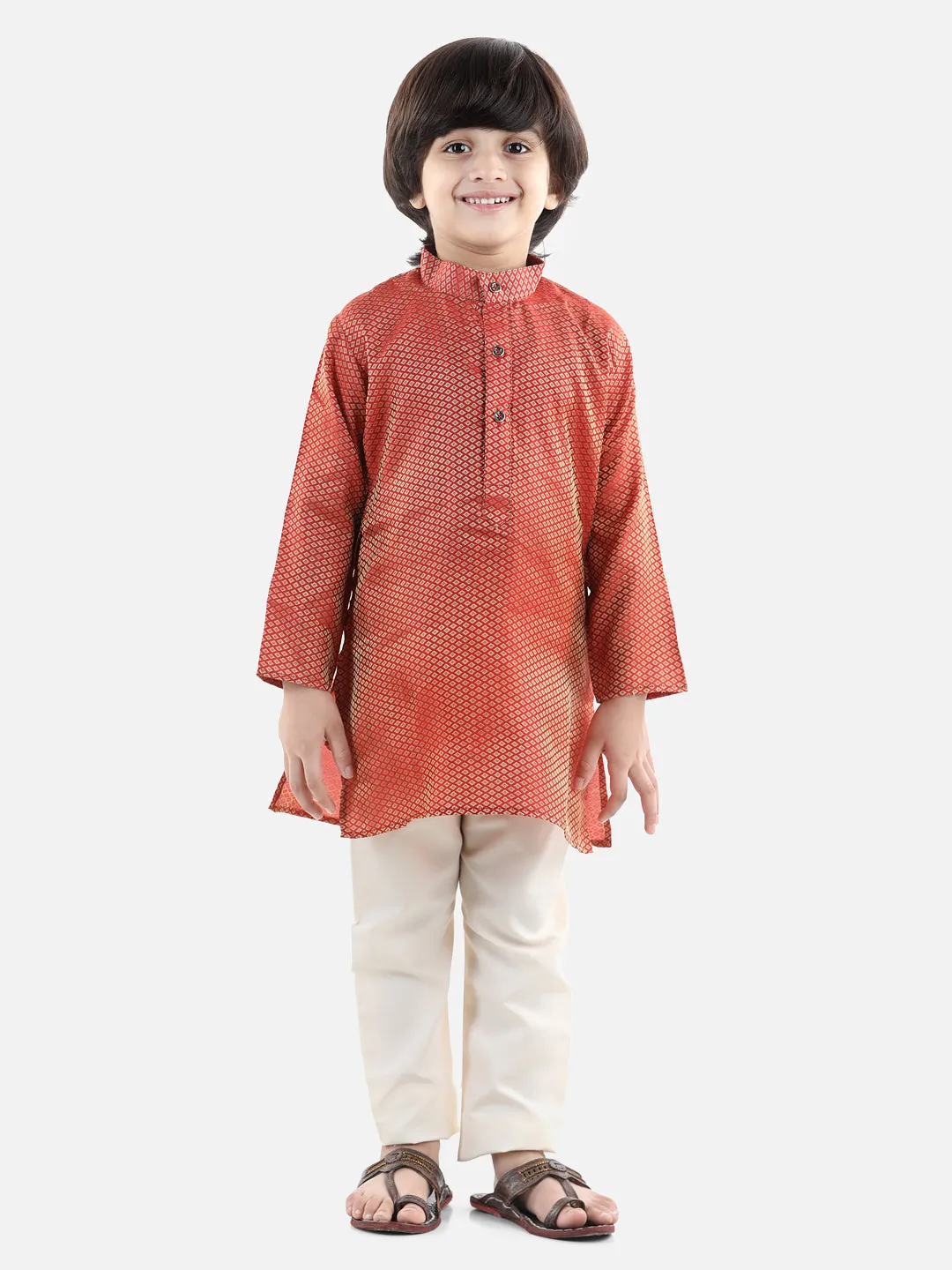 BownBee Silk Blend Full Sleeve Jacquard Kurta Pajama For Boys - Red