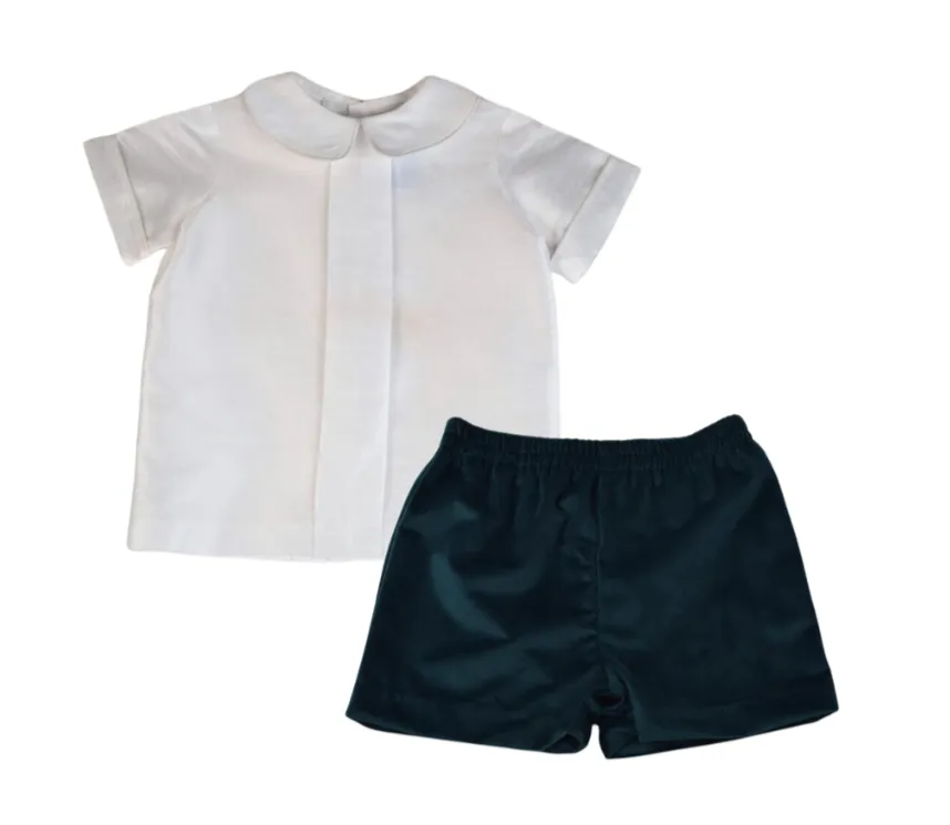 Boy's Silk Shirt and Green Velvet Shorts Set