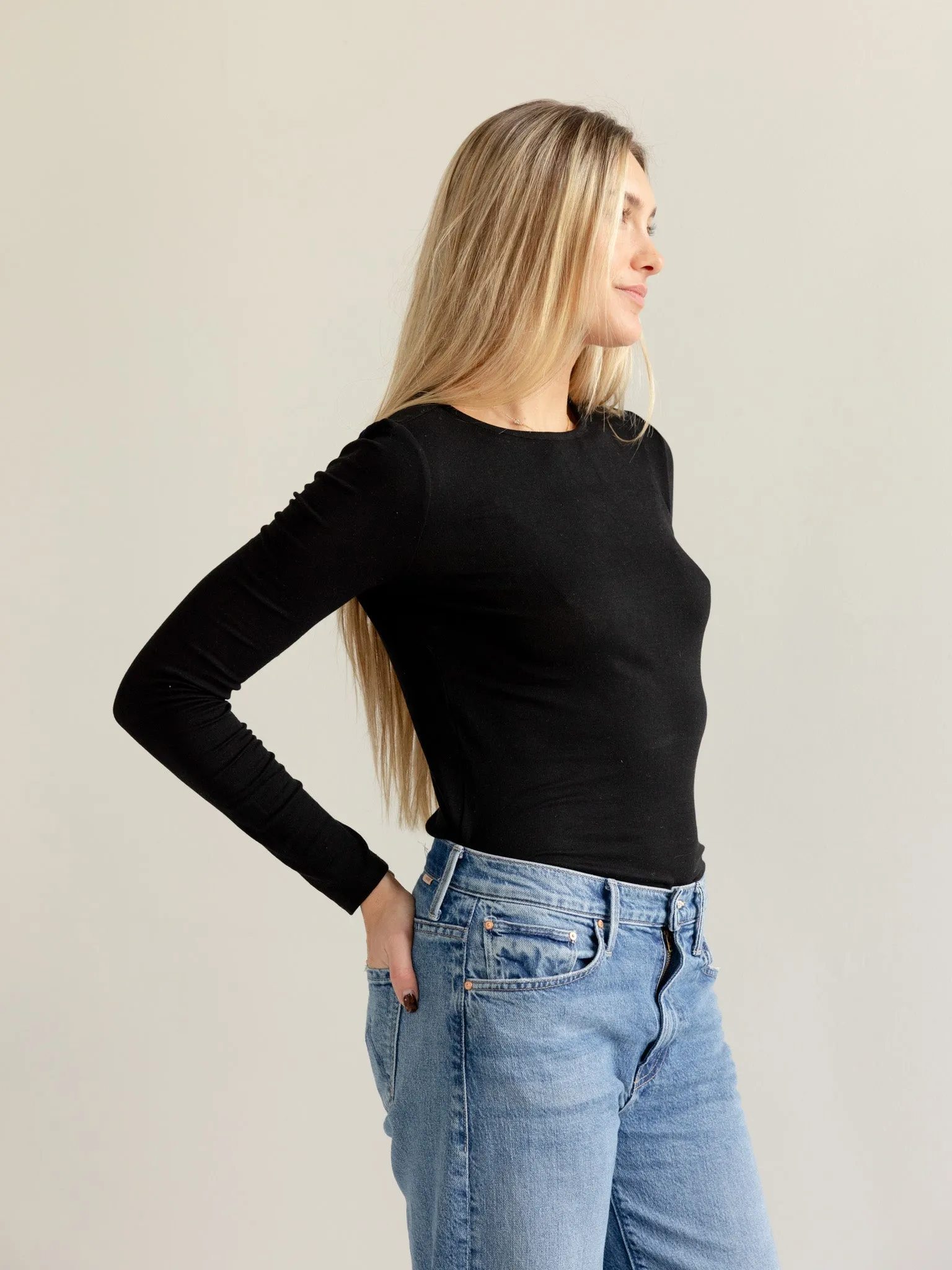 Brandy Long Sleeve - Black DoubleStitchedHem NonIrritating Stitching