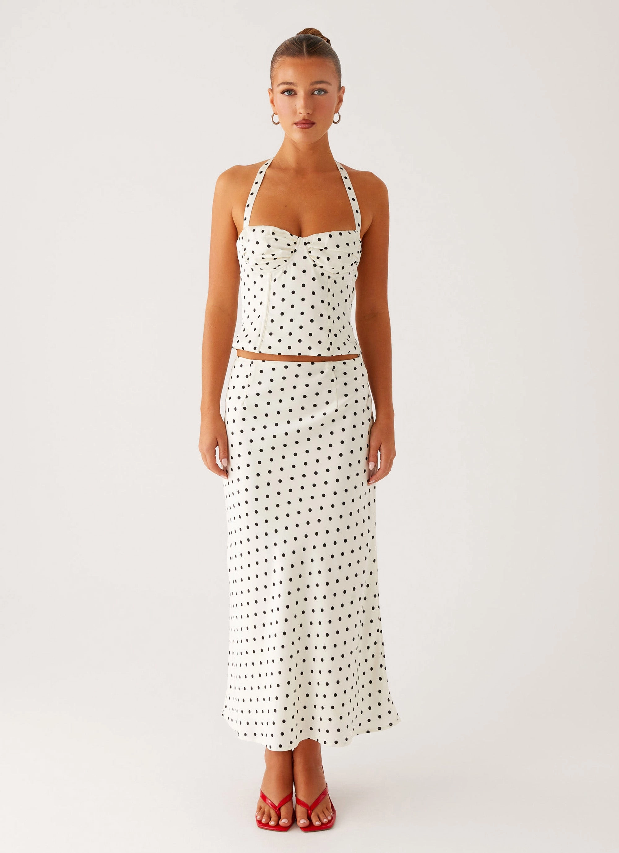 Breanne Midi Skirt - White Polka Dot Minimal Touch Outfit Focused