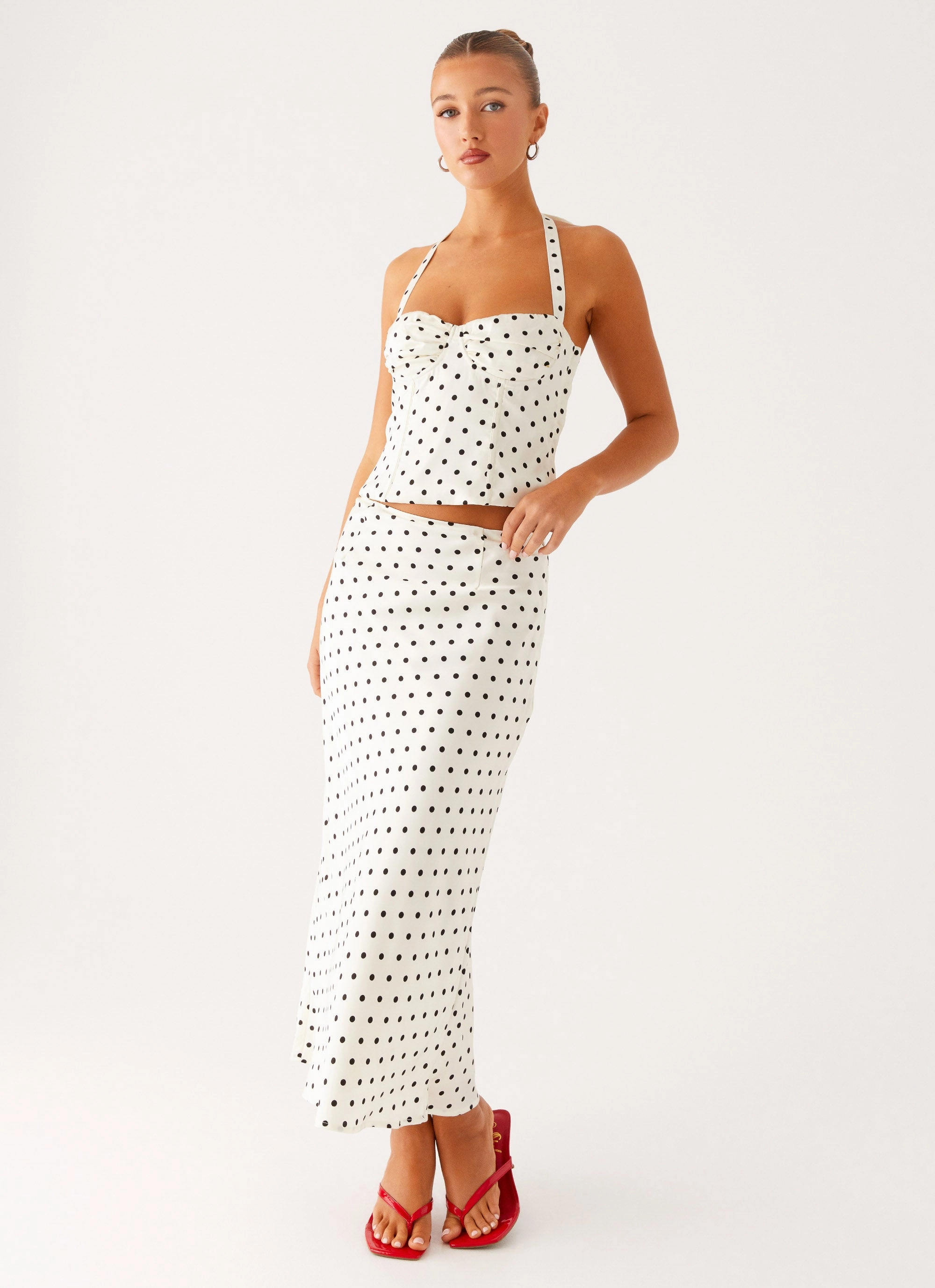Double Stitched Breanne Midi Skirt - White Polka Dot