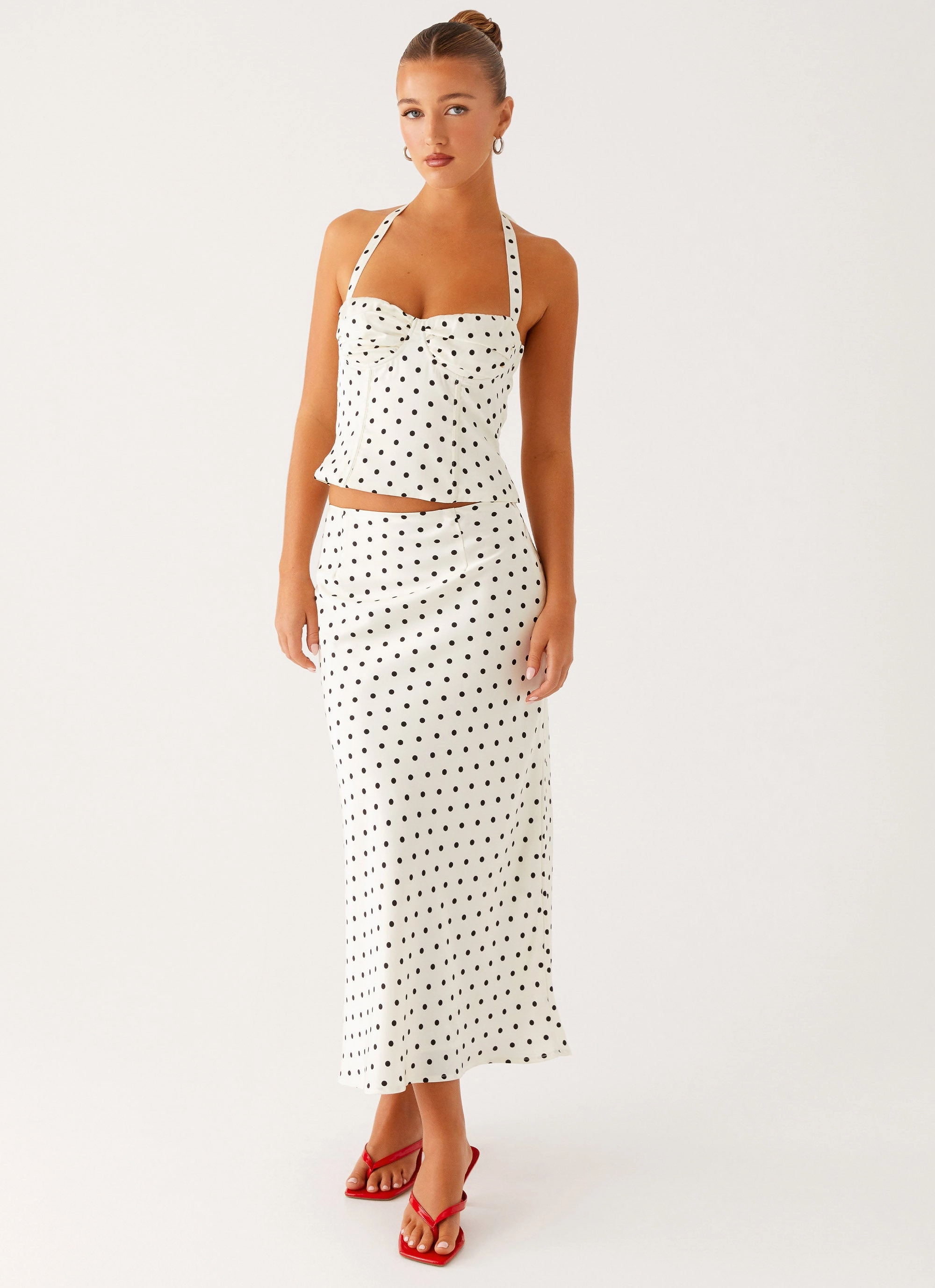 Breanne Midi Skirt - White Polka Dot Soft Finish