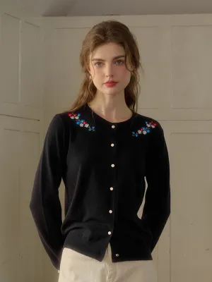 Daisy Round Neck Embroidered Cardigan Stretch Fit Top