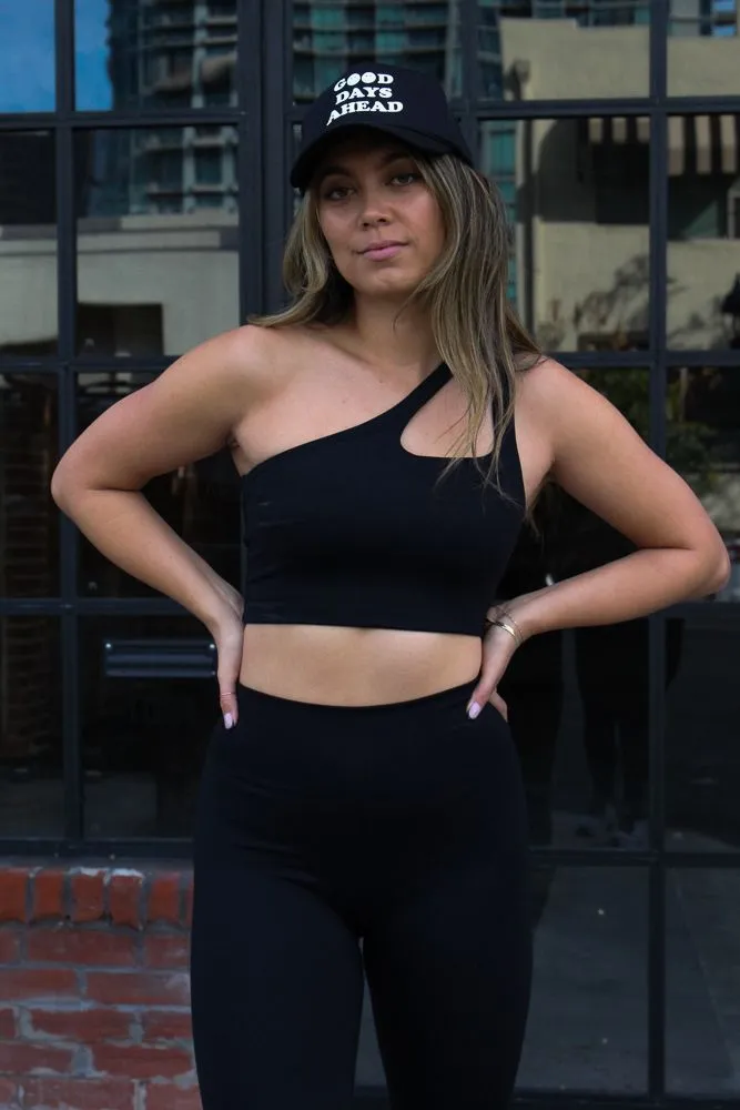 Fit Check One Shoulder Workout Set - Black Basic Tee Multi Panel Construction