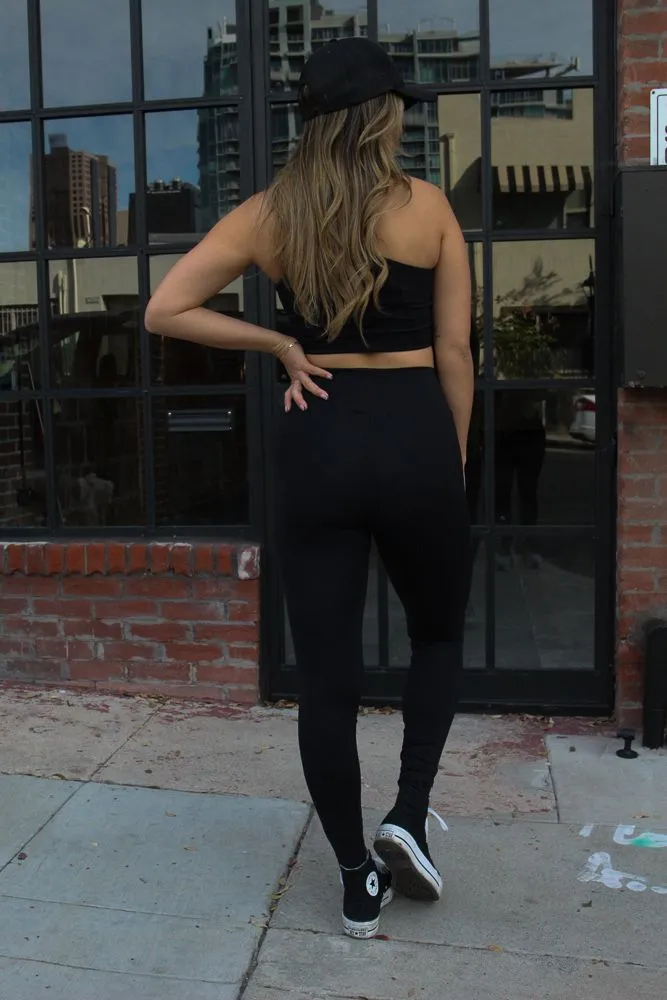 Ribbed Neckline Fit Check One Shoulder Workout Set - Black