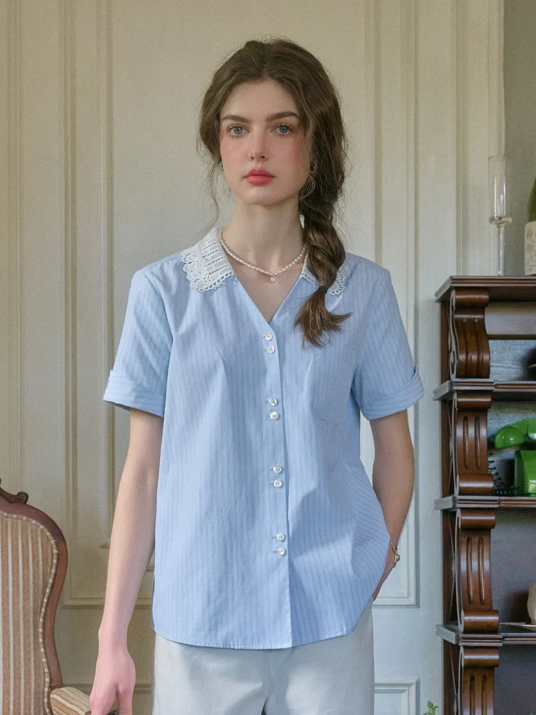 ??Final Sale??Mika V-Neck Striped Blouse VentilatedMeshPaneling