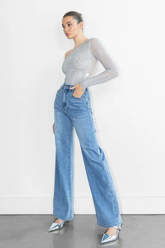 Stretch Flex Non Slip Waist Grip Viper Studded Wide Leg Jeans