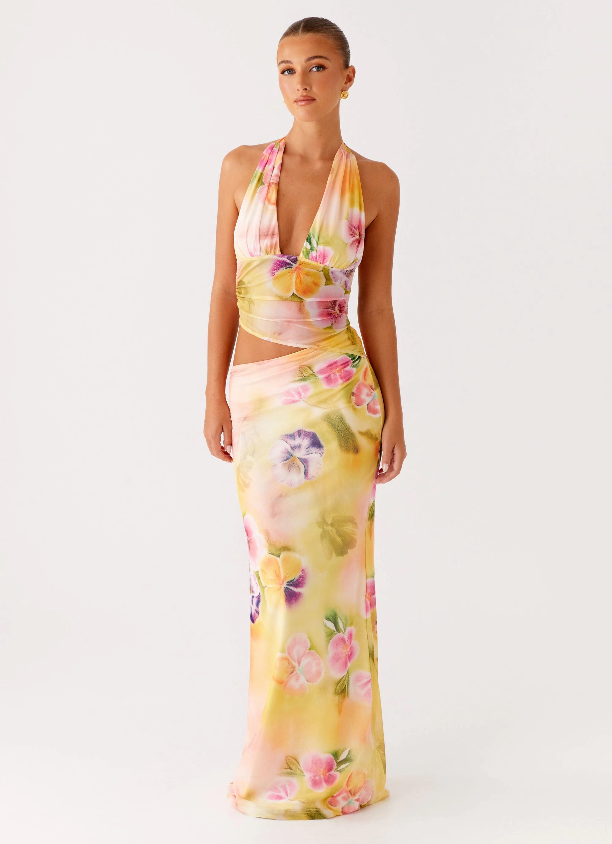 Bright Bloom Flexible Fabric Main Act Halter Maxi Dress - Sunburst Floral