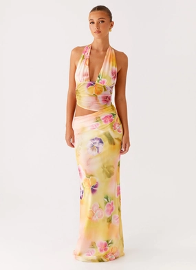 Bright Bloom Flexible Fabric Main Act Halter Maxi Dress - Sunburst Floral