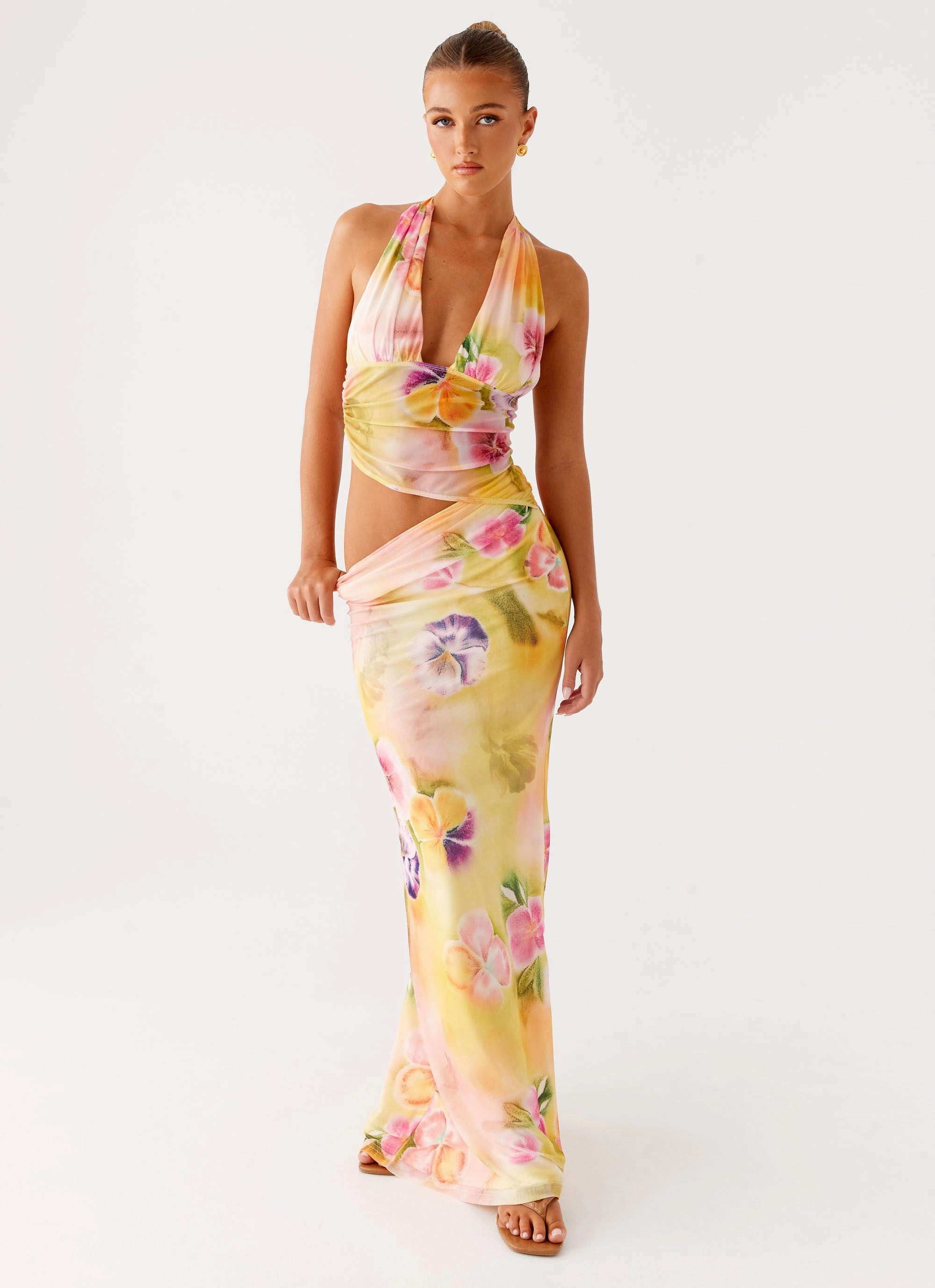 Soft Appeal Sunny Lace Main Act Halter Maxi Dress - Sunburst Floral