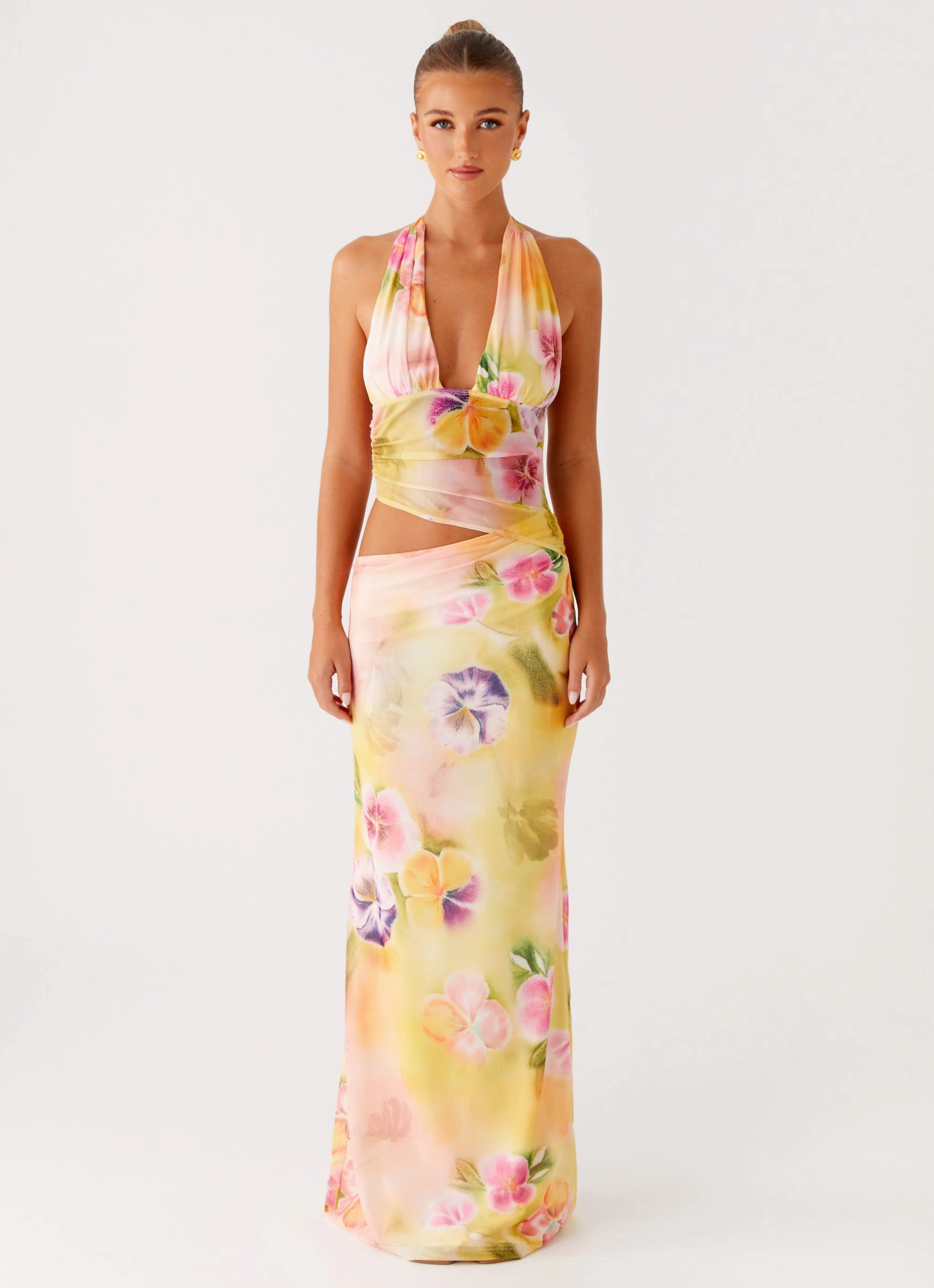 Whimsical Mood Main Act Halter Maxi Dress - Sunburst Floral