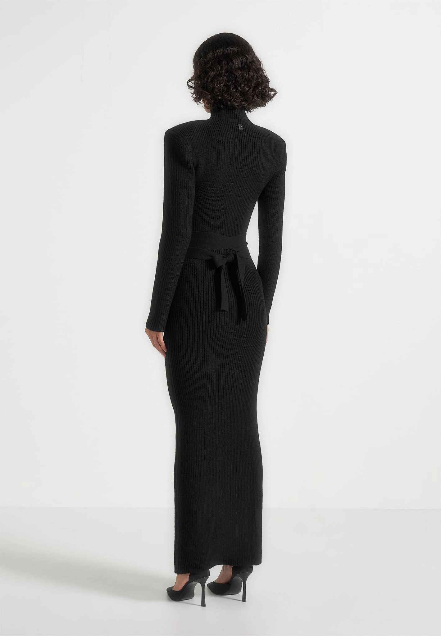 Raw-Hem Chic and Elegant Hana - Wide Shoulder Knit Dress With Waist Tie - Black