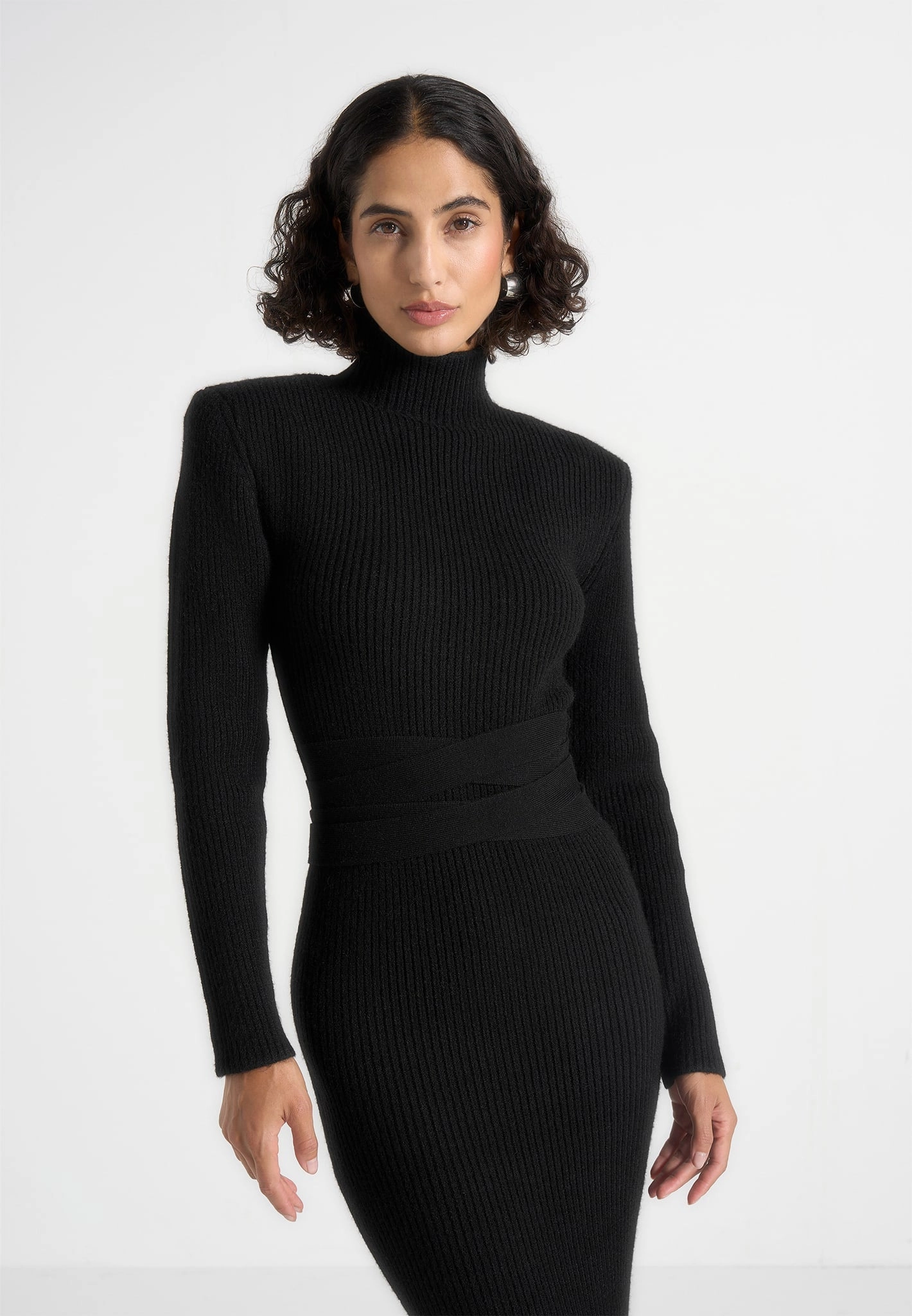 Soft Contour Trendy Look Hana - Wide Shoulder Knit Dress With Waist Tie - Black
