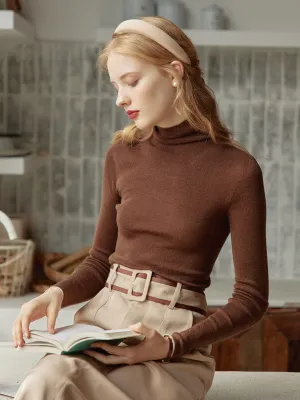 Amber Seam-Free Brown Turtleneck Knitted Top Reverseble Design NonChafe Tag Placement