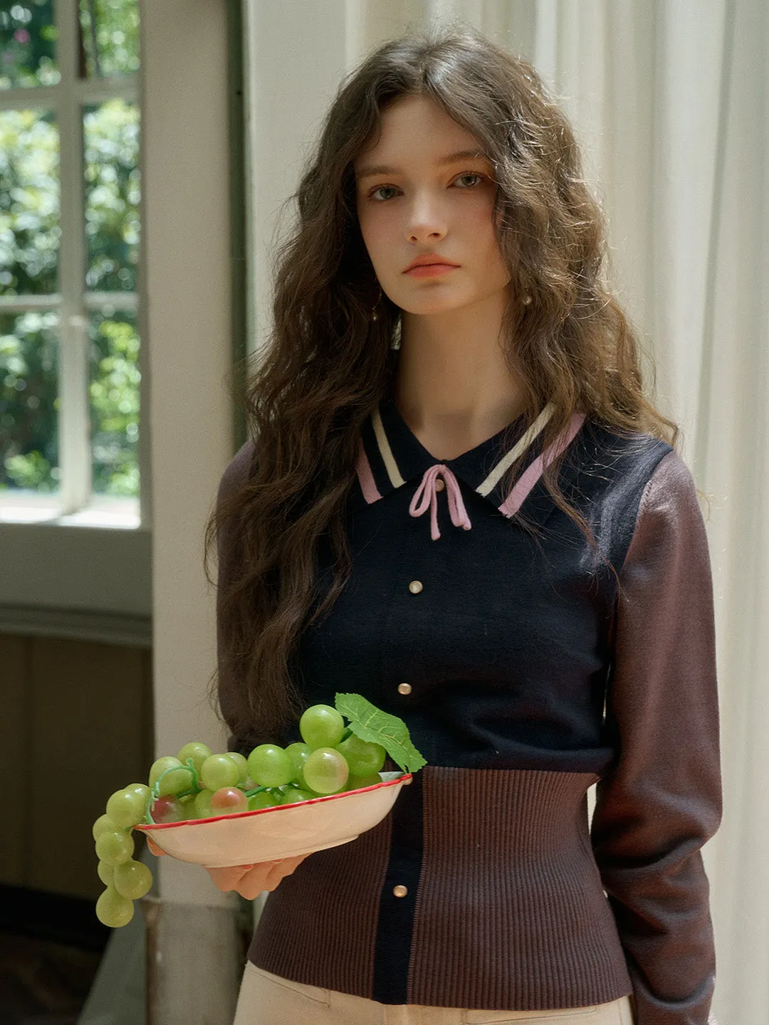 ??Final Sale??Dahlia Clashing Colours Doll Neck Bowknot Pullover Sweater HoodedVersion