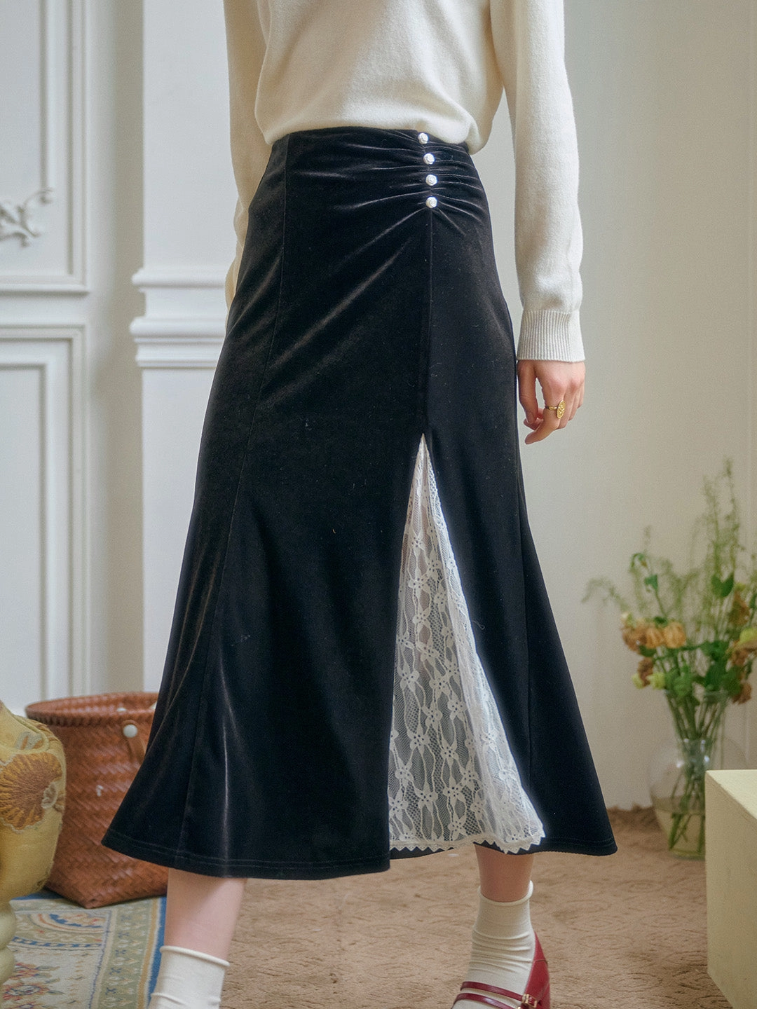 Angelique Elegant Lace Hollow Contrasting Velvet Skirt Rest Easy