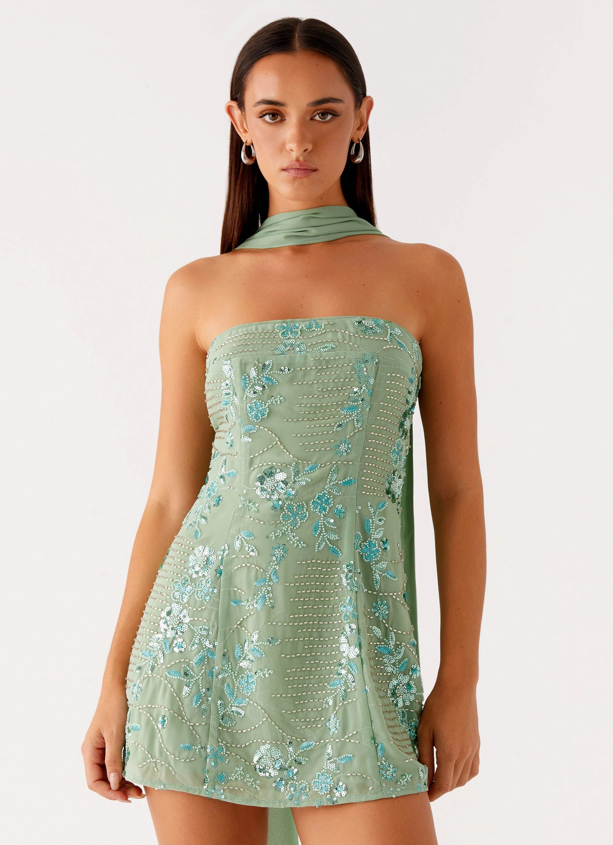 Kiesha Strapless Scarf Mini Dress - Mint Designer Inspired Photoshoot Ready