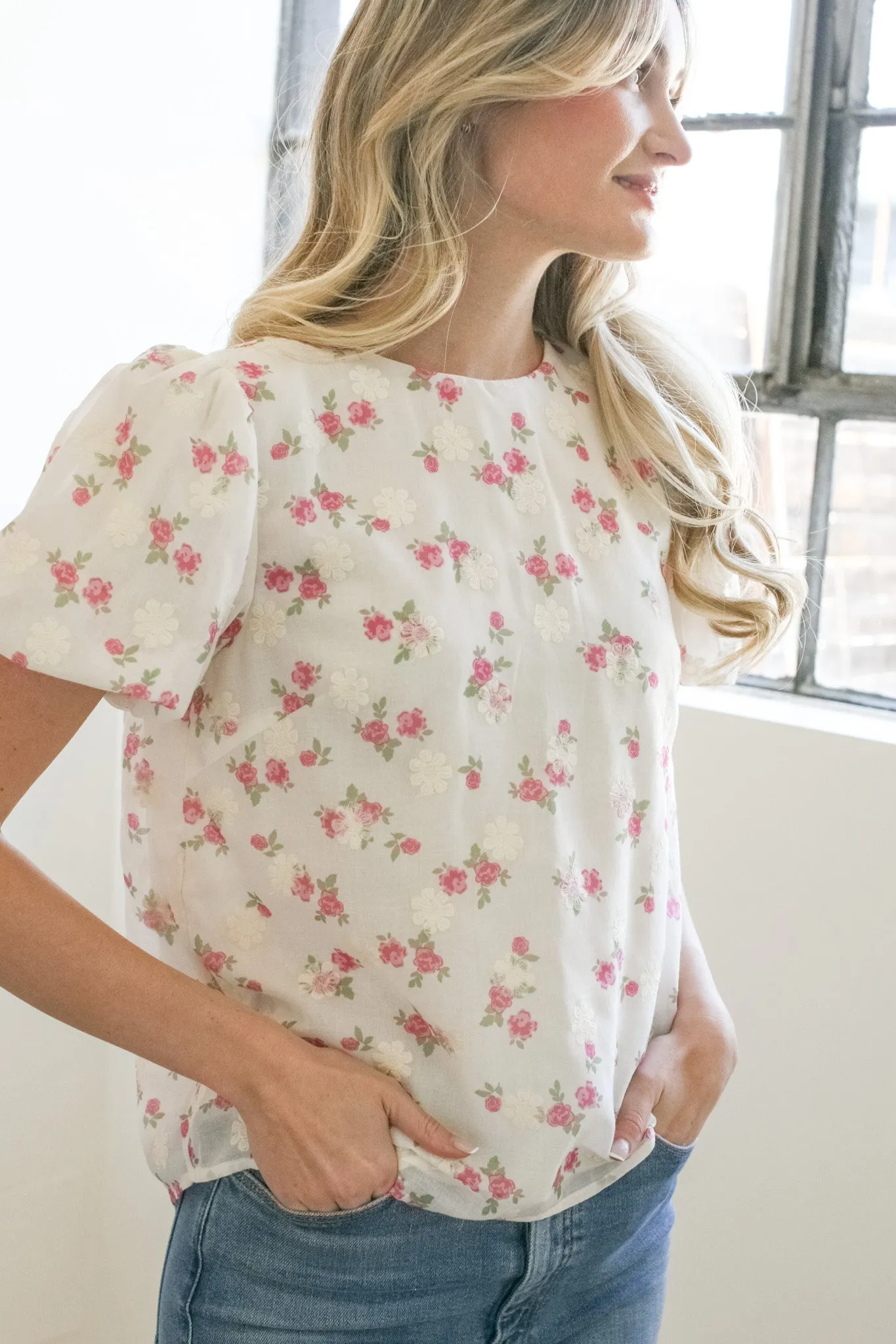 Moisture Wicking Fabric DoubleStitched Hem Brianna Floral Embroidered Top