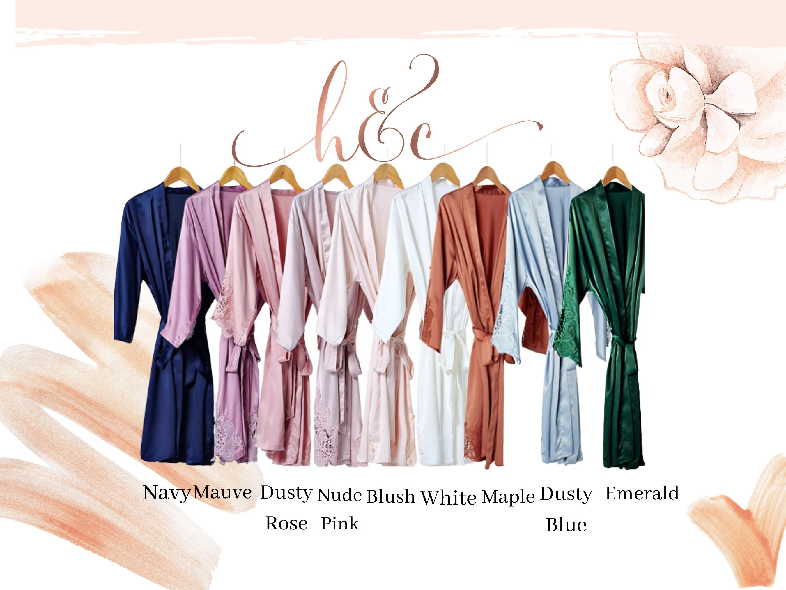 Bridesmaid Robes Satin, Triangle Lace Satin Wedding Party Robes, Monogram Silk Kimono, Lace Trimmed Robes White