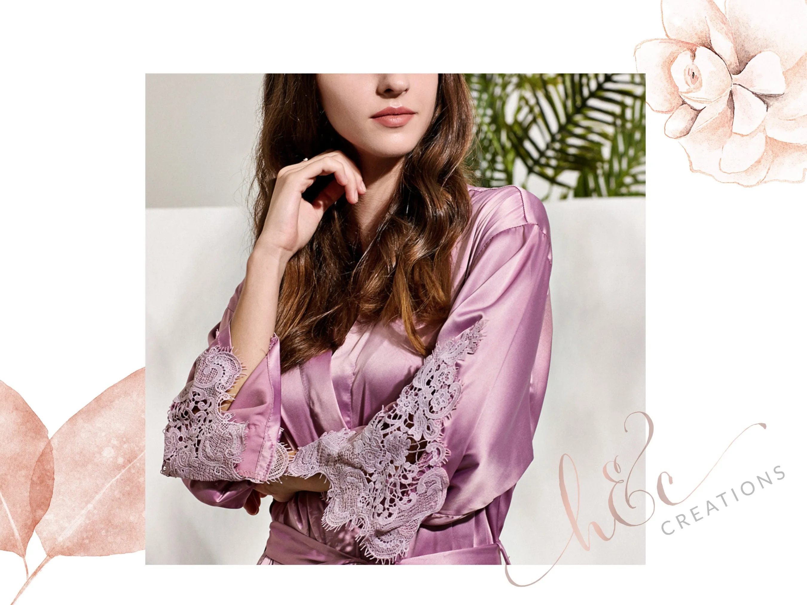 Bridesmaid Robes Satin, Triangle Lace Satin Wedding Party Robes, Monogram Silk Kimono, Lace Trimmed Robes White