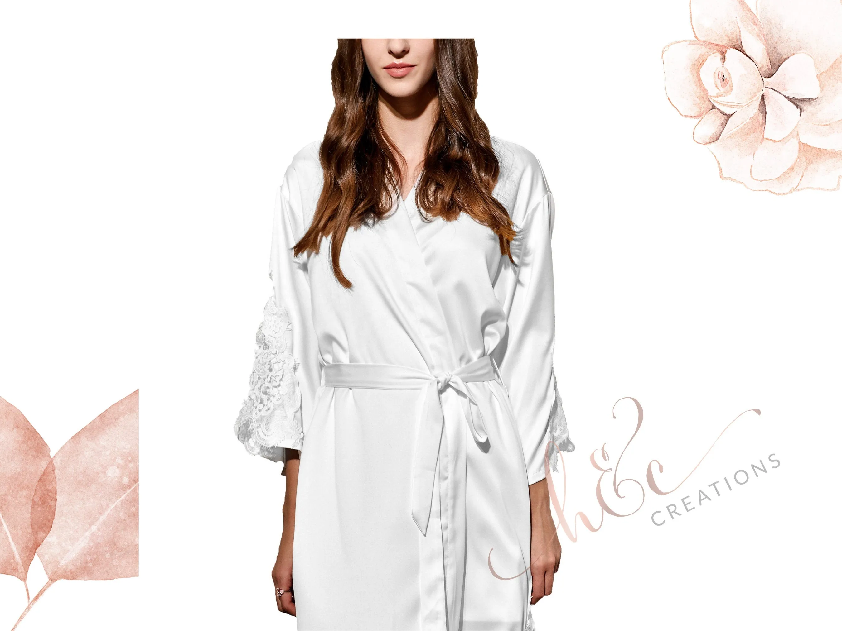 Bridesmaid Robes Satin, Triangle Lace Satin Wedding Party Robes, Monogram Silk Kimono, Lace Trimmed Robes White