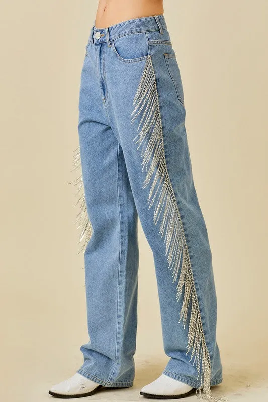 Quick-Dry Material StretchWaistband Broadway Rhinestone Denim Jeans