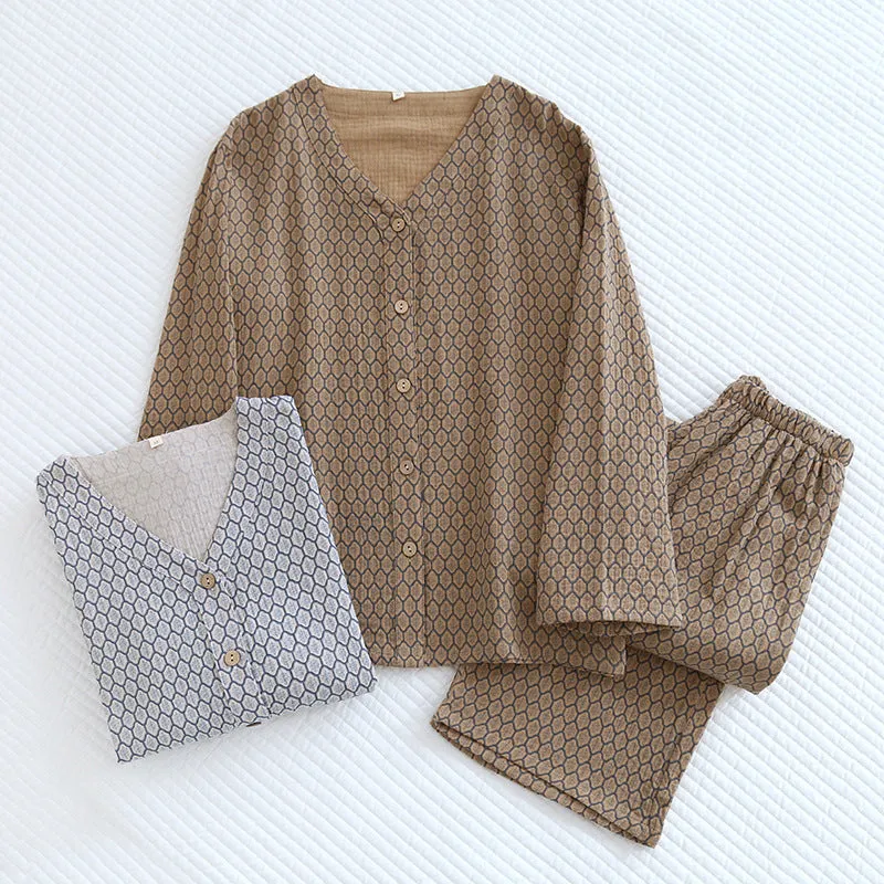 Brown Honeycomb Floral AOP Pajama Set