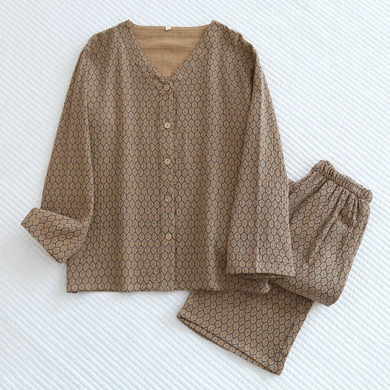 Brown Honeycomb Floral AOP Pajama Set