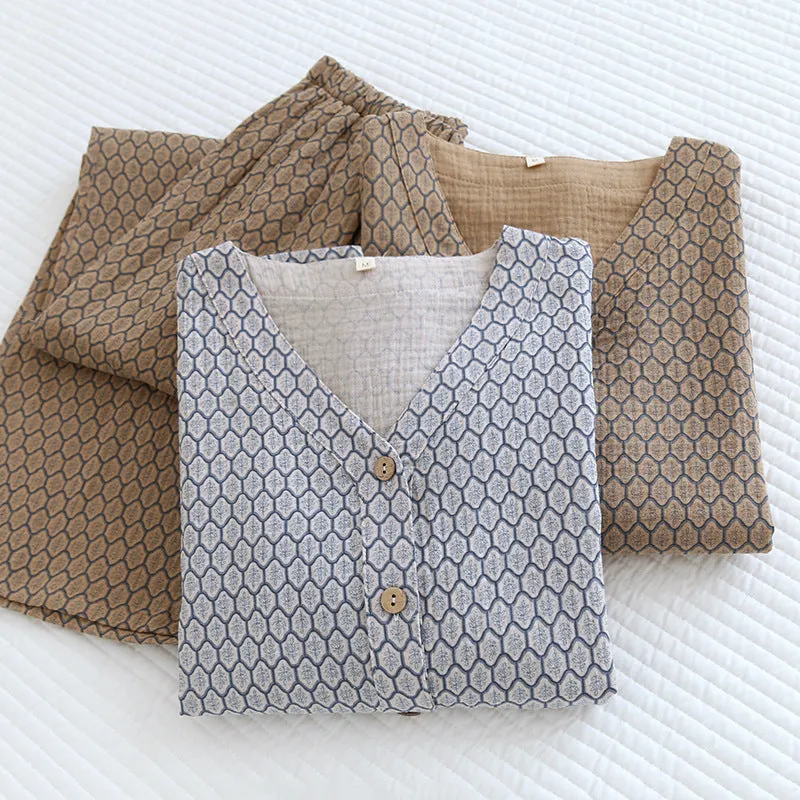 Brown Honeycomb Floral AOP Pajama Set