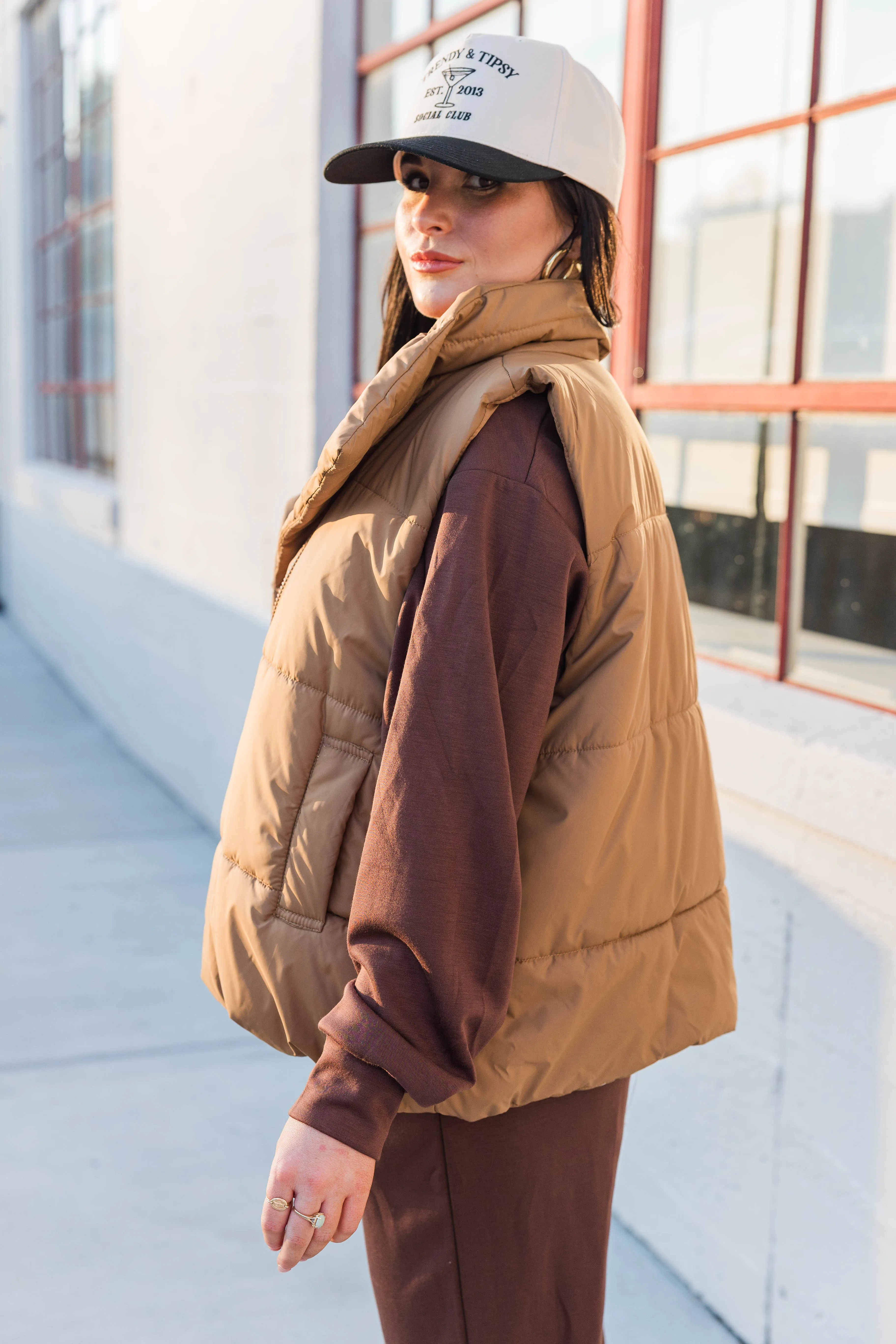 Brown Puffer Vest BiodegradableFabric Hybrid Fabric Blend