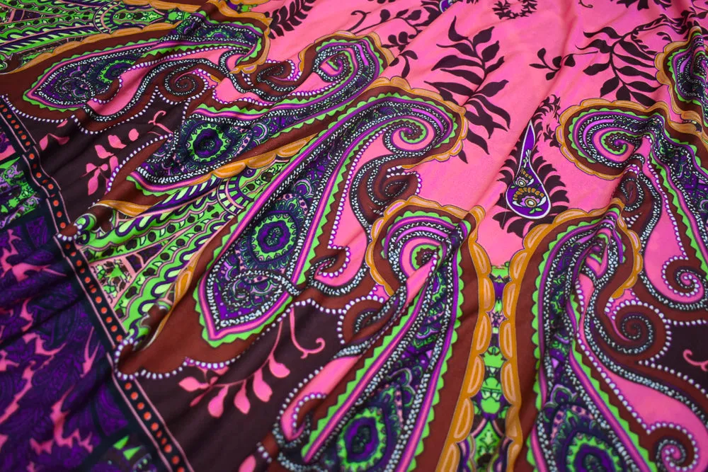 Brown-Purple-Multi Bandana Printed Stretch Silk Jersey Knit Fabric
