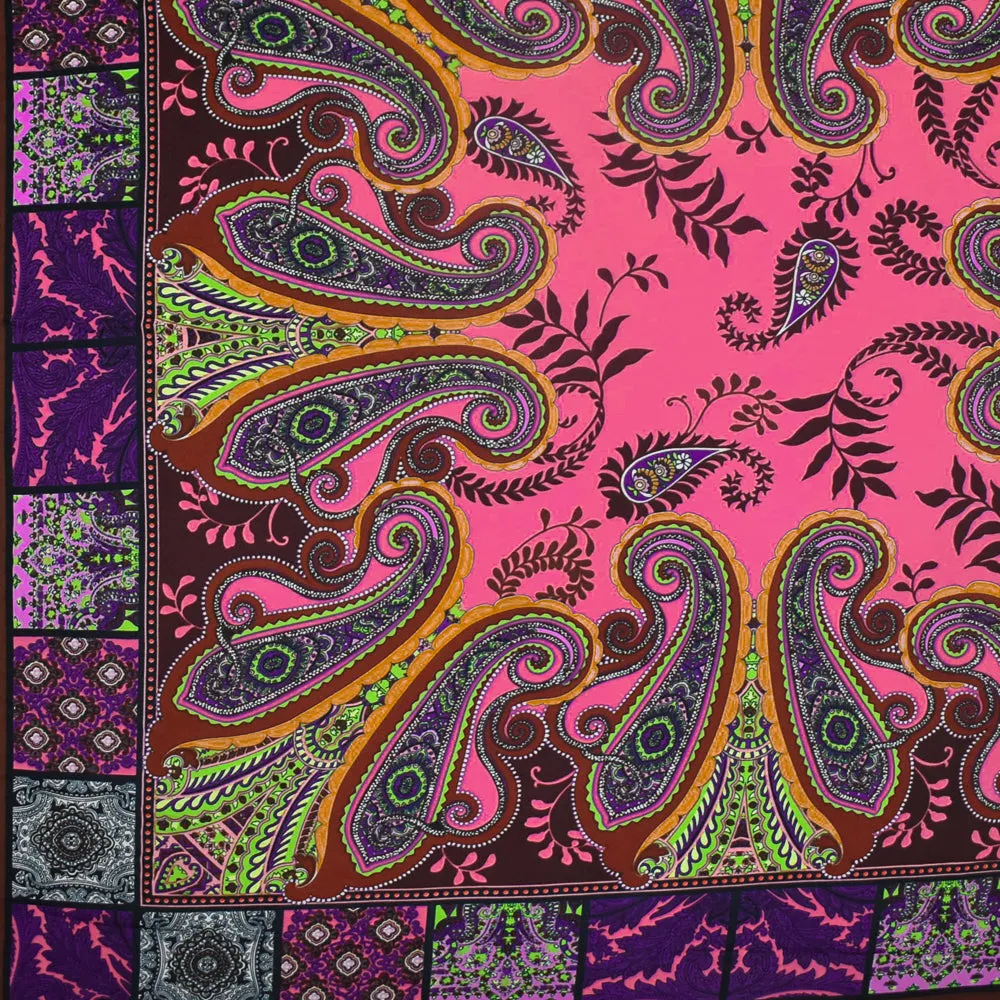 Brown-Purple-Multi Bandana Printed Stretch Silk Jersey Knit Fabric