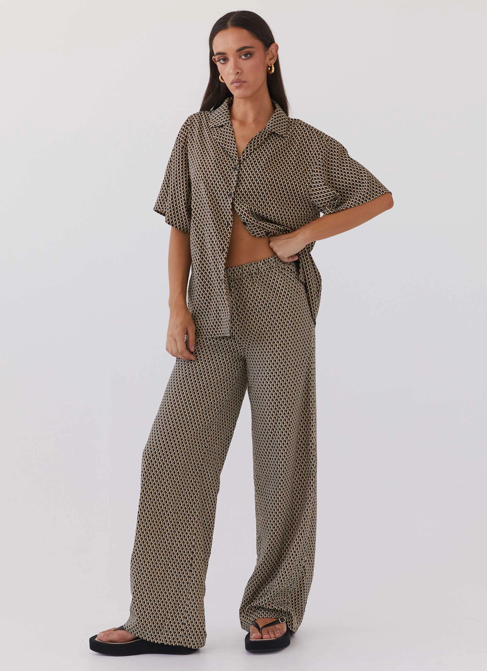 Flexible Material Bruno Wide Leg Pants - Brown Geo