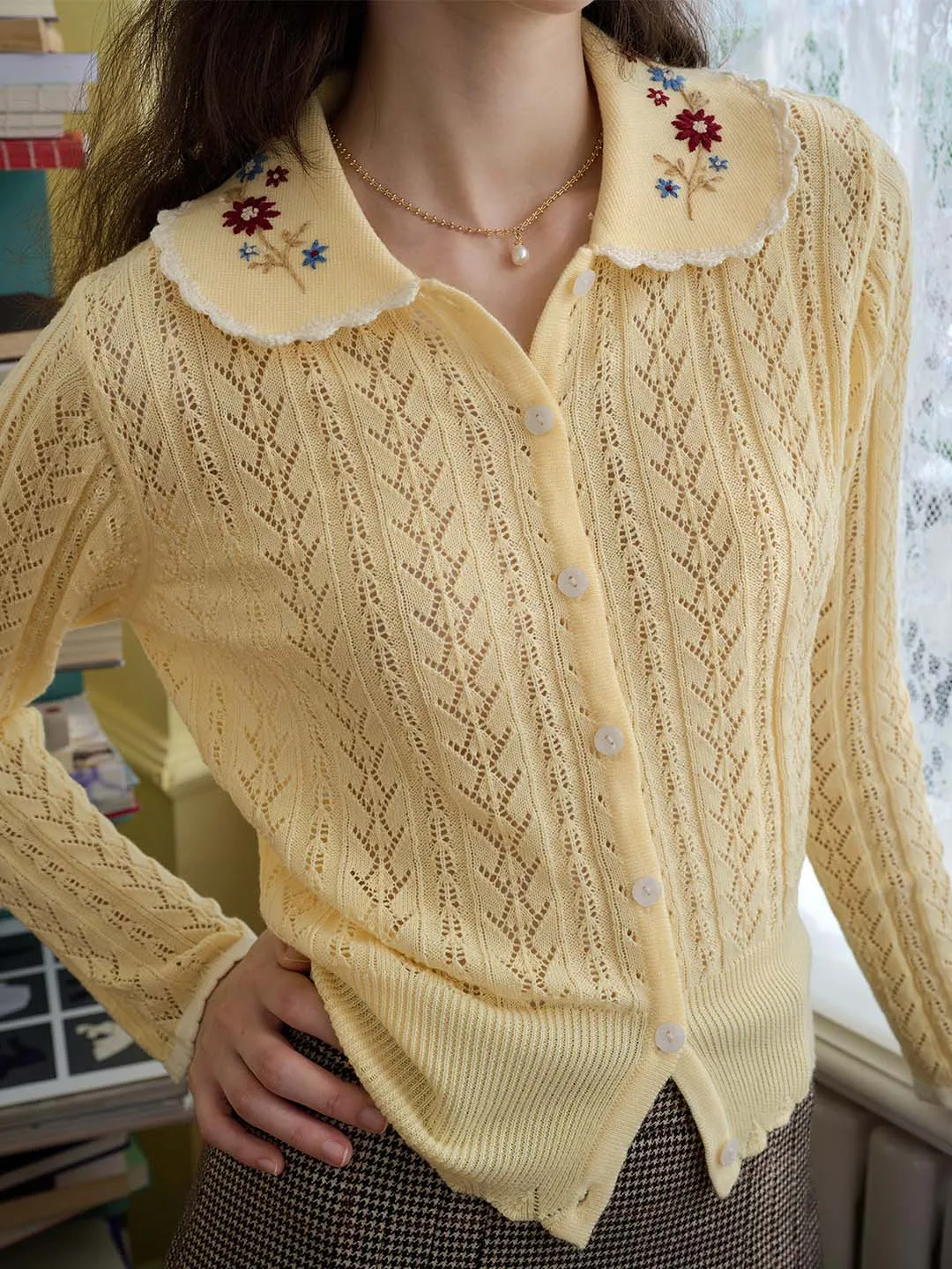 ??Final Sale??Shay Peter Pan Collar Embroidered Contrast Cutout Cardigan Layered Hemline PreShrunk Fabric