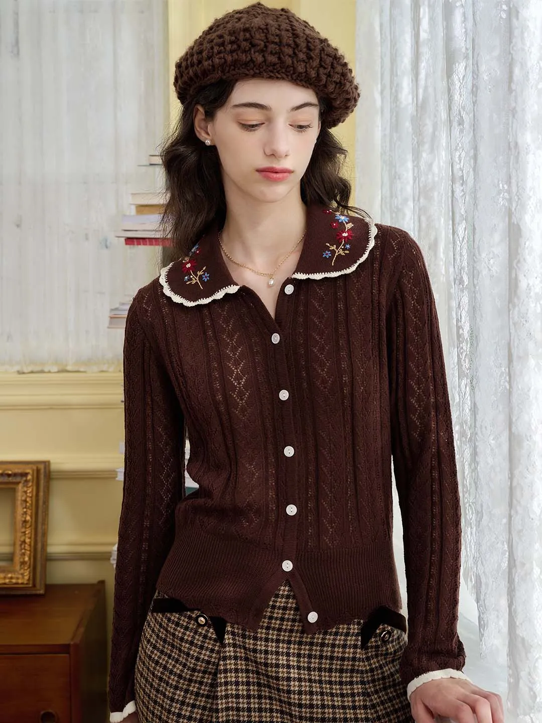 ??Final Sale??Shay Peter Pan Collar Embroidered Contrast Cutout Cardigan Non Restrictive Mobility TemperatureRegulating Material