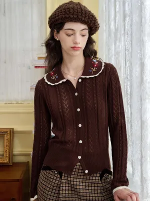 ??Final Sale??Shay Peter Pan Collar Embroidered Contrast Cutout Cardigan Microfiber Technology Rolled Hem Finish