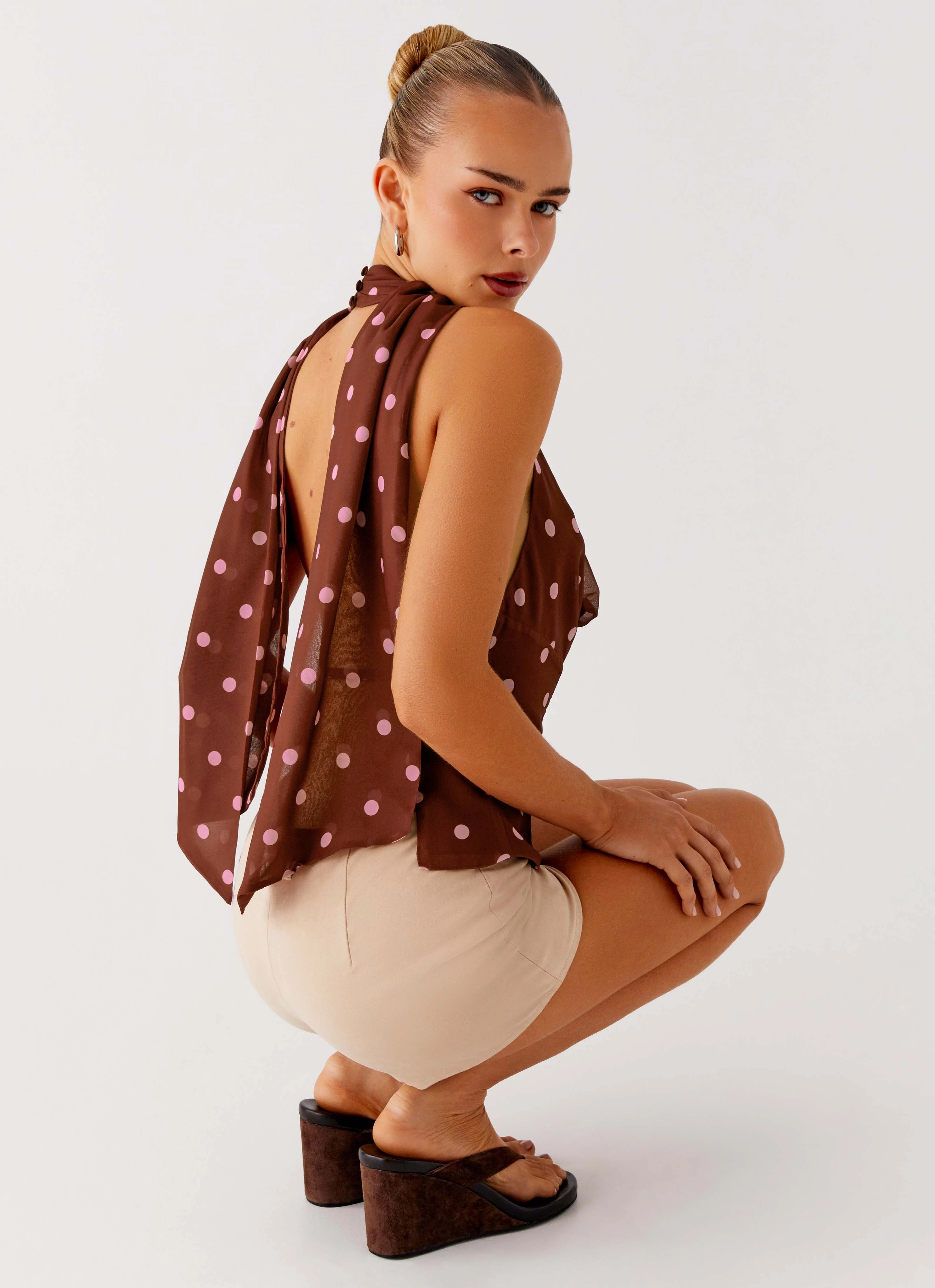 Stealing Love Scarf Top - Chocolate Strawberry Dot Recycled Polyester Blend Temperature Regulating Fabric