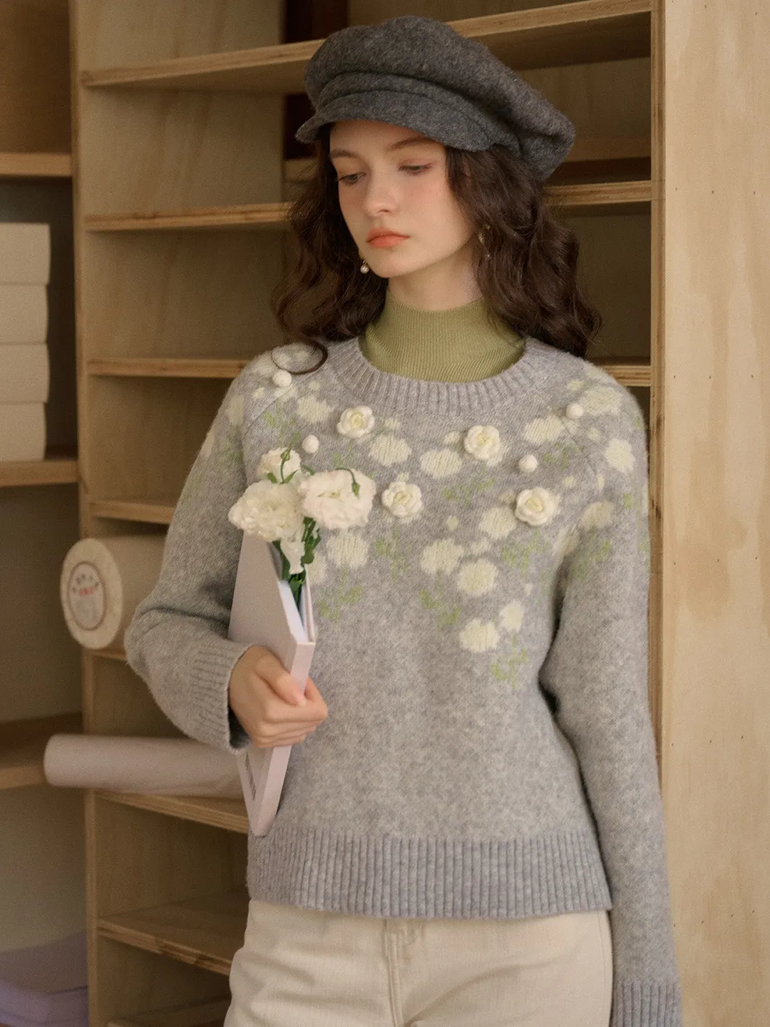Warm Hoodie Brynleigh Ribbed Crew Neck Jacquard Rose & 3D Rose Sweater