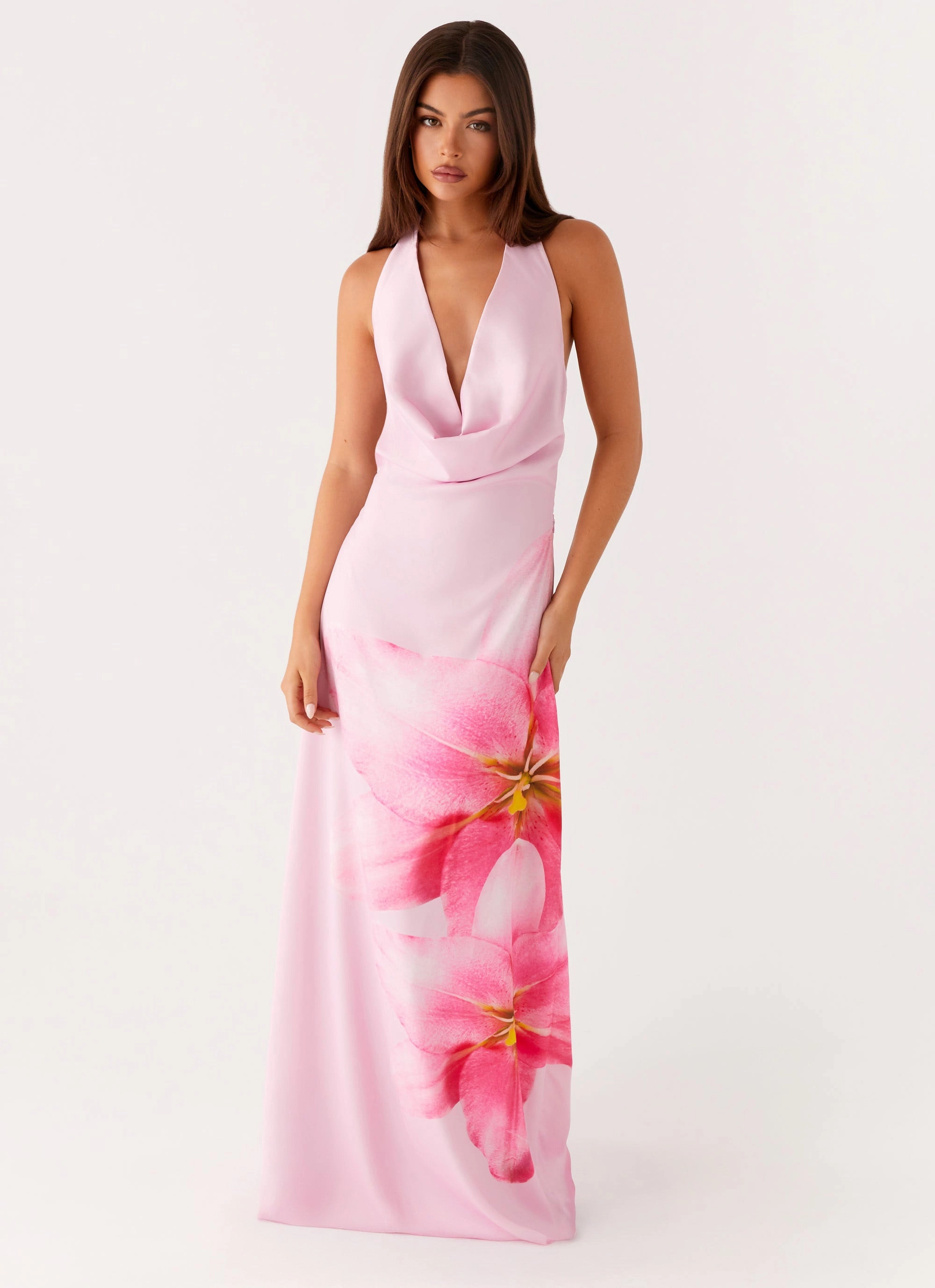 Bryony Cowl Maxi Dress - Pink Shine Dressy soft elegance