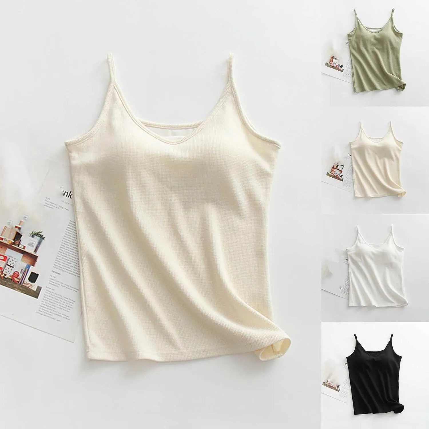 Built-in Bra Cami Tank Tops for Women Comfy Summer Pajamas Soft Waffle V Neck Camisole Padded Sleepwear Workout Yoga Shirts