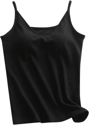 Built-in Bra Cami Tank Tops for Women Comfy Summer Pajamas Soft Waffle V Neck Camisole Padded Sleepwear Workout Yoga Shirts