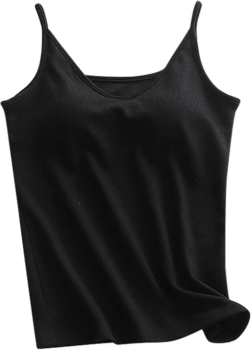 Built-in Bra Cami Tank Tops for Women Comfy Summer Pajamas Soft Waffle V Neck Camisole Padded Sleepwear Workout Yoga Shirts