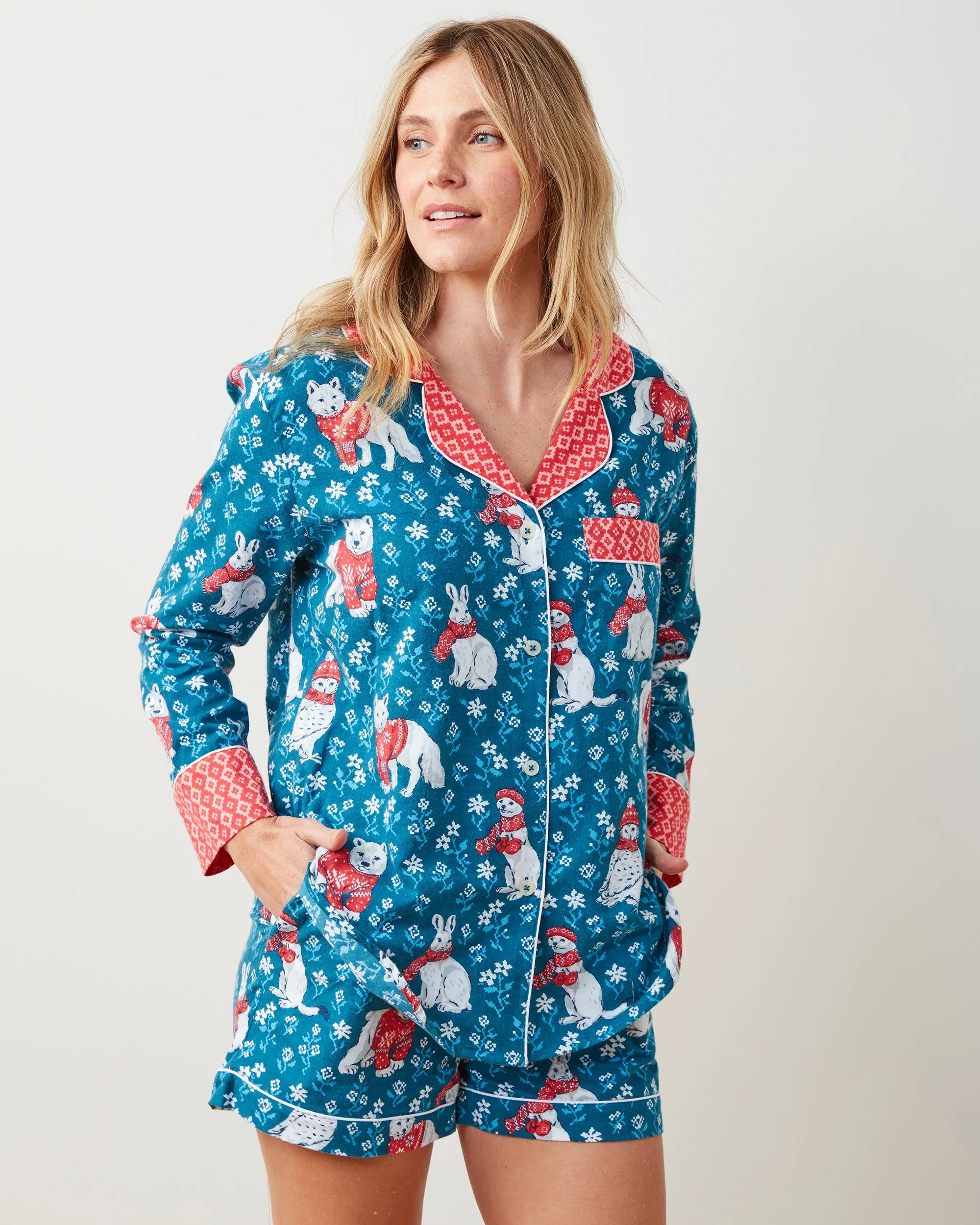 Bundled Up - Lightweight Flannel Long Sleeve Top & Shorts Set - Navy