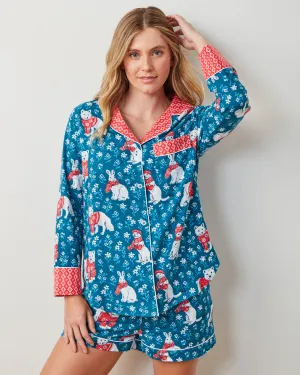 Bundled Up - Lightweight Flannel Long Sleeve Top & Shorts Set - Navy
