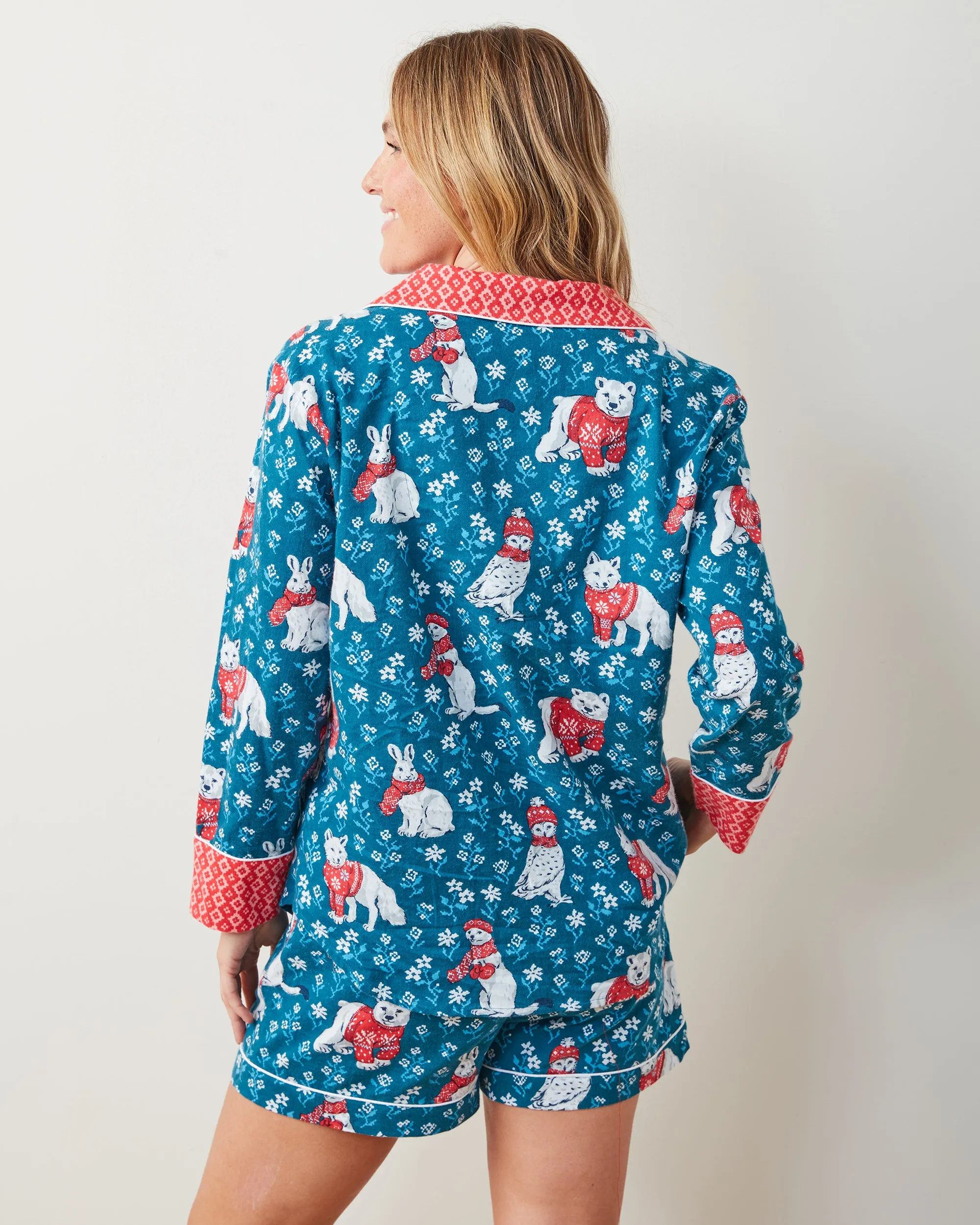 Bundled Up - Lightweight Flannel Long Sleeve Top & Shorts Set - Navy