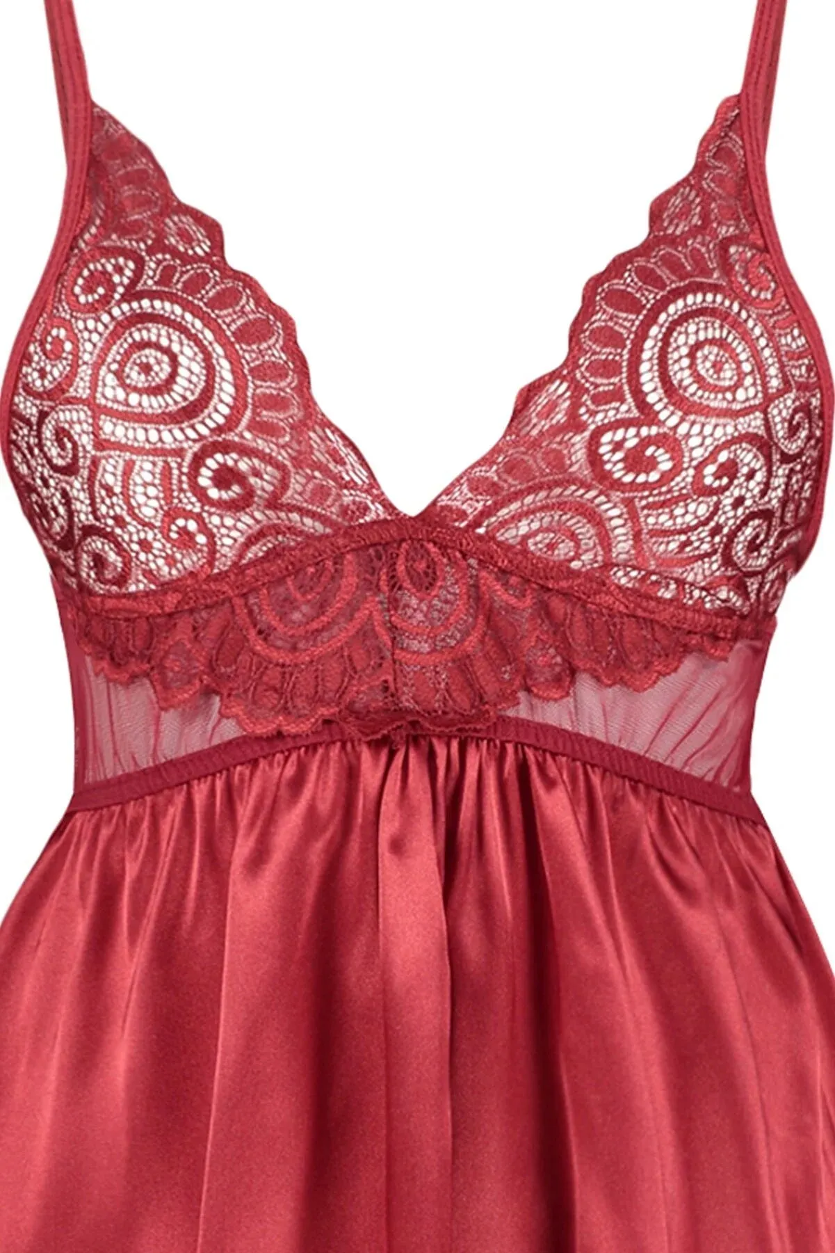 Burgundy Satin Lace Detailed Babydoll